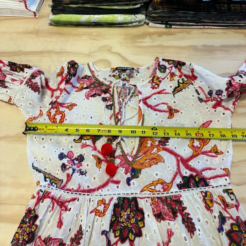 Gianni Bini 3/4 Sleeve Mini‎ Dress Babydoll Tassels Cotton Boho Floral Eyelet XS - Picture 12 of 16